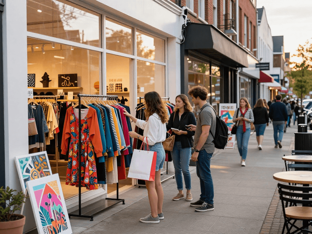 Outdoor shopping experience with trendy outfits and accessories for bro138 players.