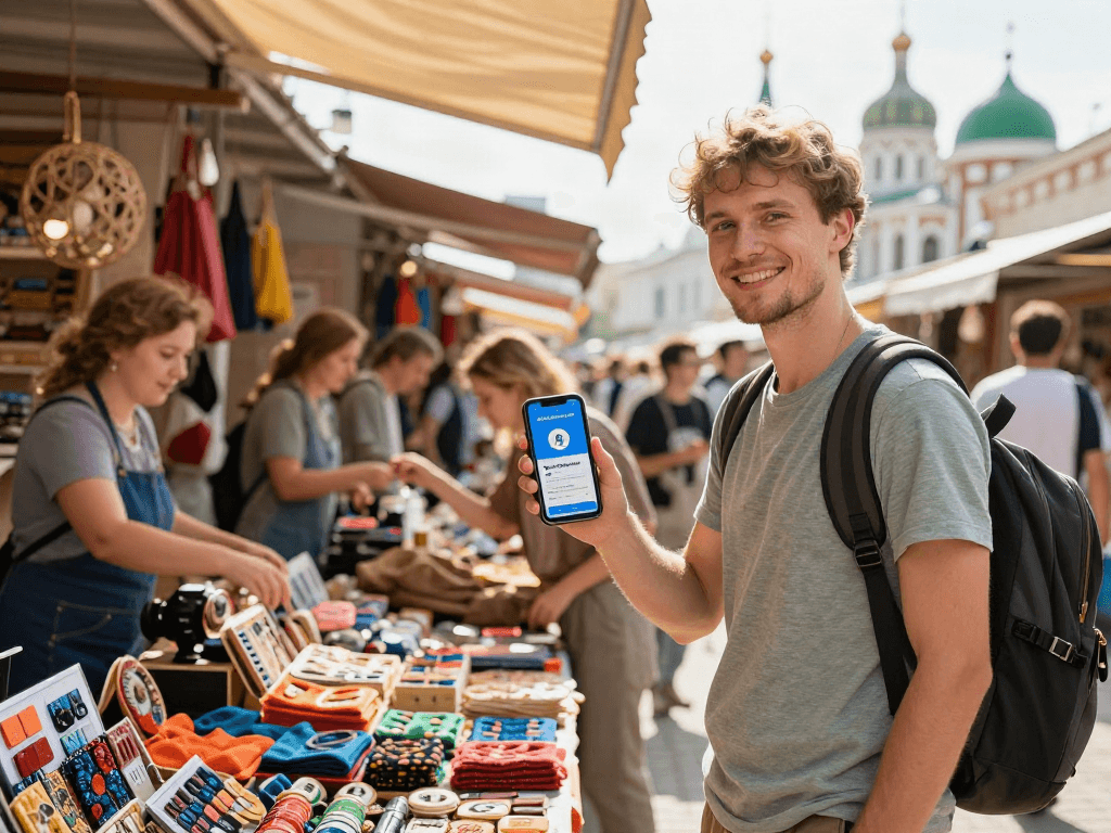 Pengunjung menggunakan https://payinrussia.com/ di pasar tradisional Rusia, dikelilingi oleh barang lokal yang berwarna-warni.