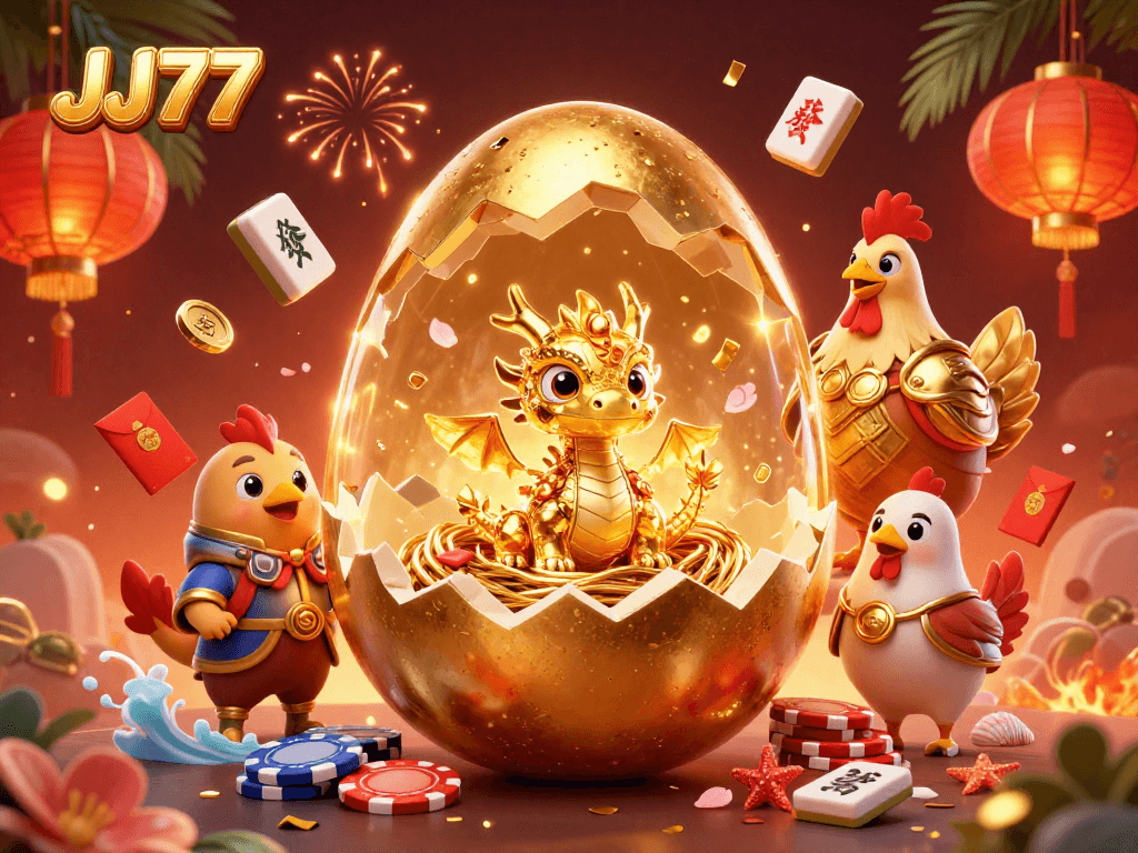 Experience excitement at JJ77 with a golden egg cracking open and a dragon revealing poker chips.