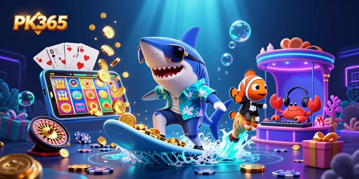 Engage in thrilling gameplay with PK365, featuring colorful slots, gold coins, and vibrant underwater characters.