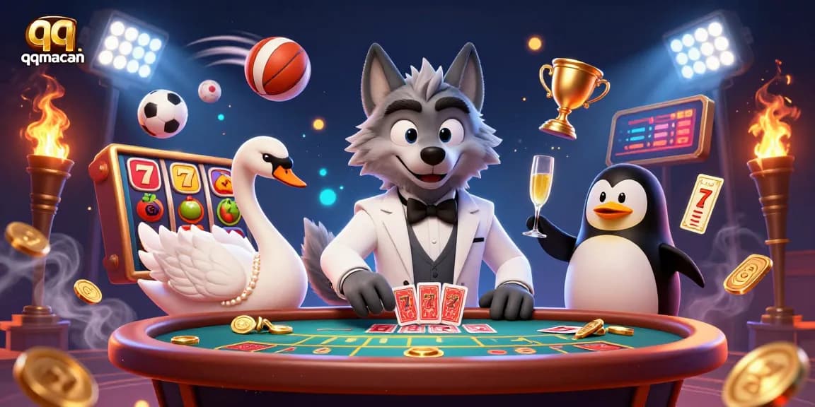Experience thrilling gameplay at qqmacan with stylish characters at a baccarat table surrounded by dynamic casino elements.