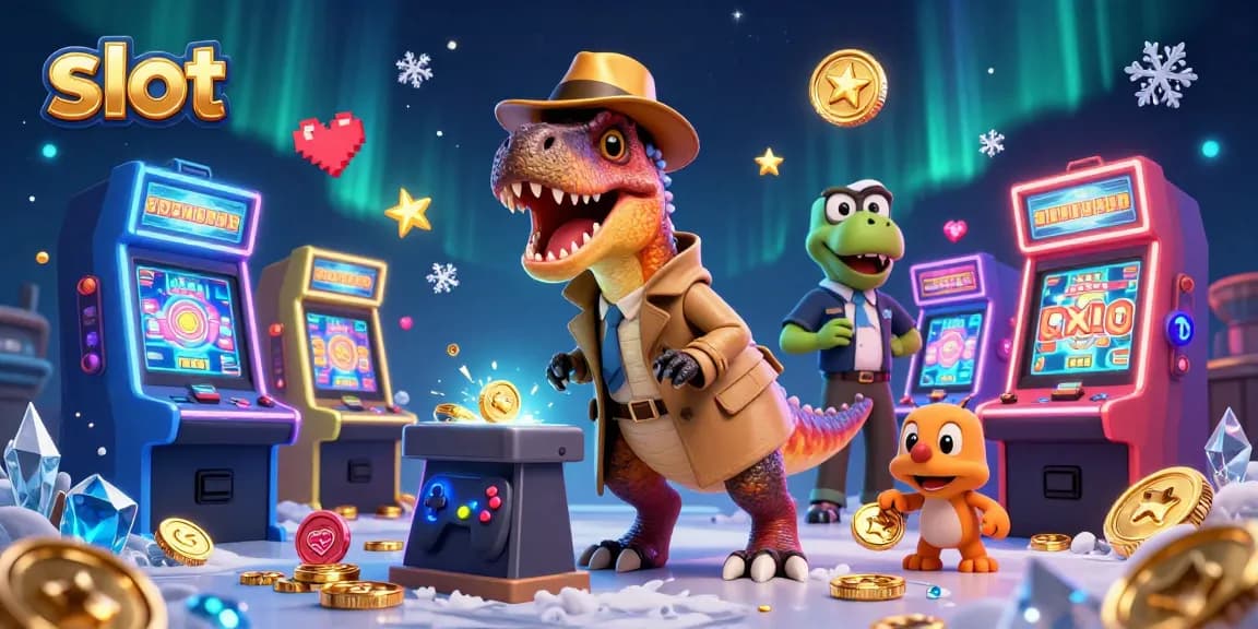 Menangkan slot dengan mudah saat velociraptor mencoba keberuntungannya di mesin slot sambil dikerumuni dinosaurus lainnya.