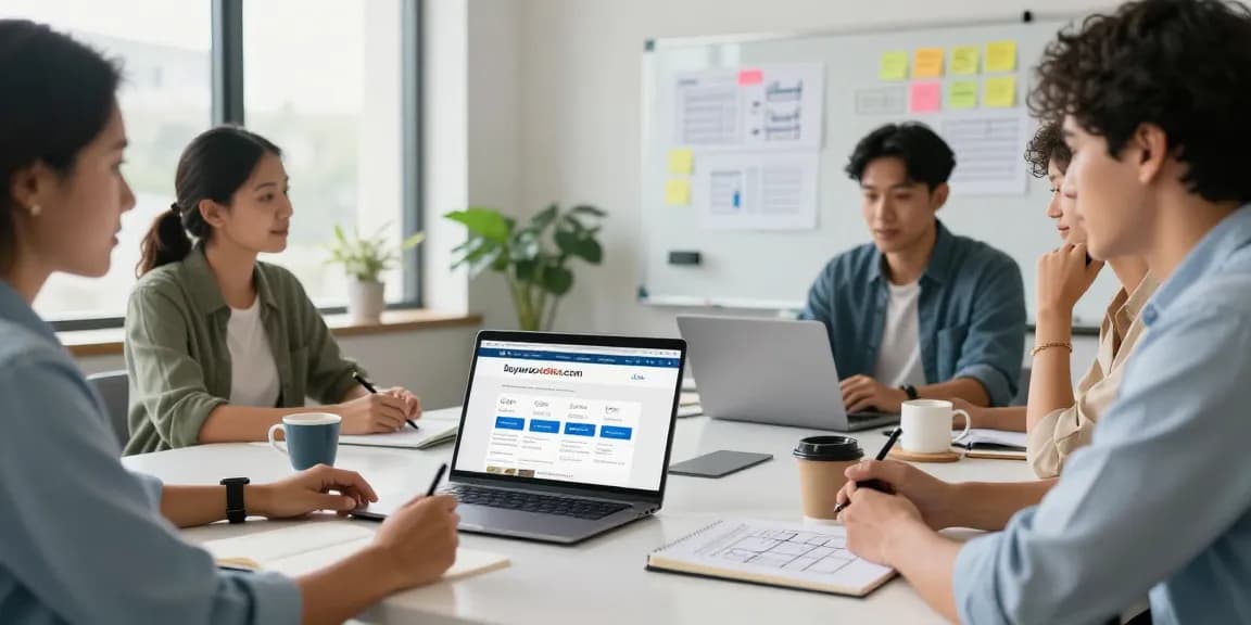 Team collaborating in an office discussing how to buy AWS credits, displaying buyawscredits.com on a laptop.