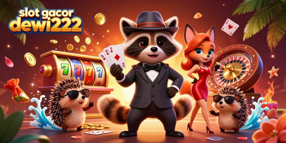 Slot gacor dewi222 menampilkan karakter kartun menang sambil bermain di lingkungan kasino yang dinamis.