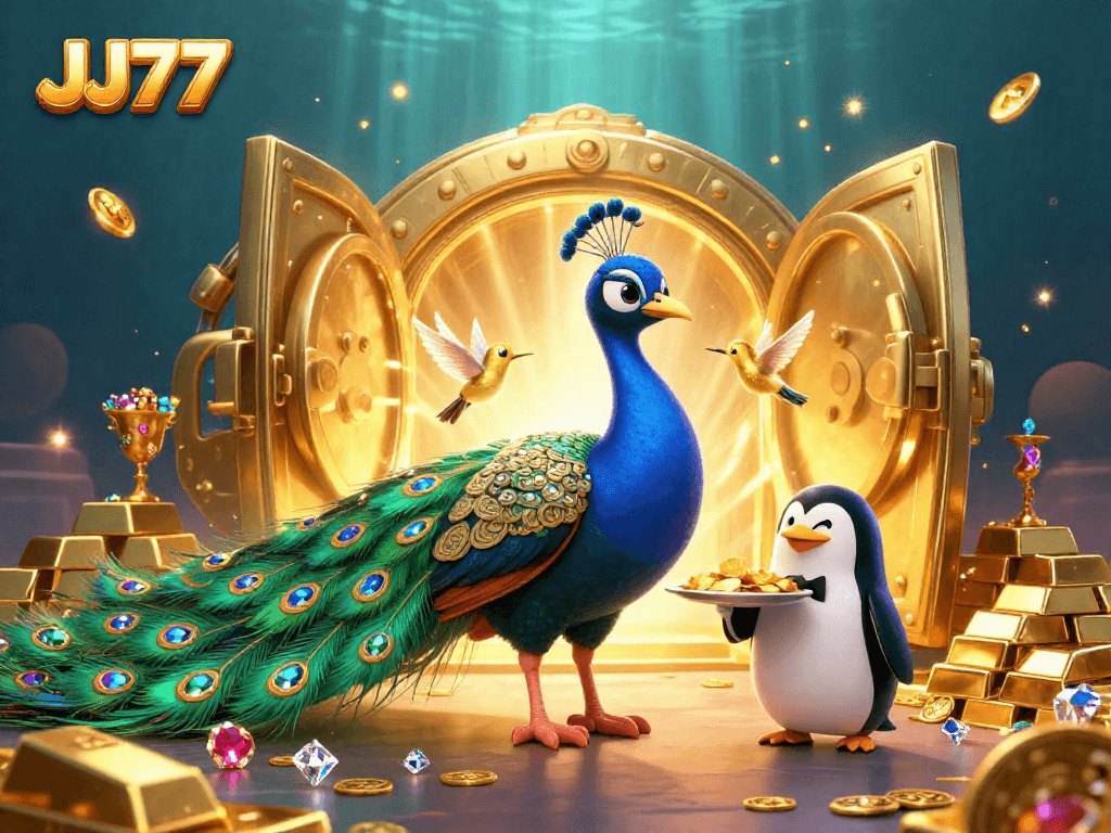 Experience the thrill of JJ77 with a vibrant casino scene featuring sparkling treasures and playful characters.
