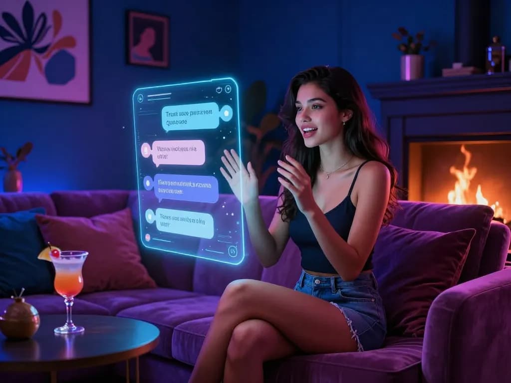 Immersive NSFW AI chat with a virtual character in a cozy lounge setting.