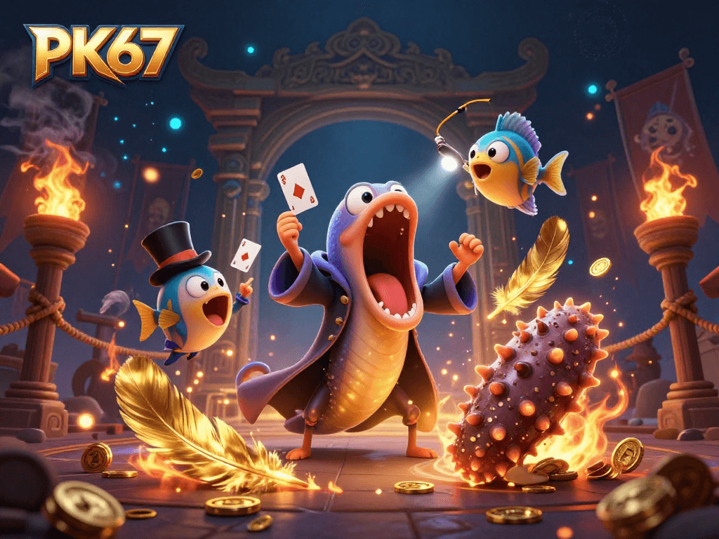 Engage with PK67 in a vibrant casino-themed magic act featuring deep-sea creatures.