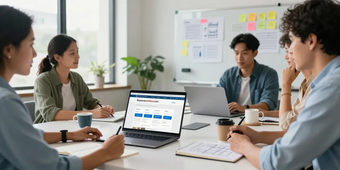 Team collaborating in an office discussing how to buy AWS credits, displaying buyawscredits.com on a laptop.