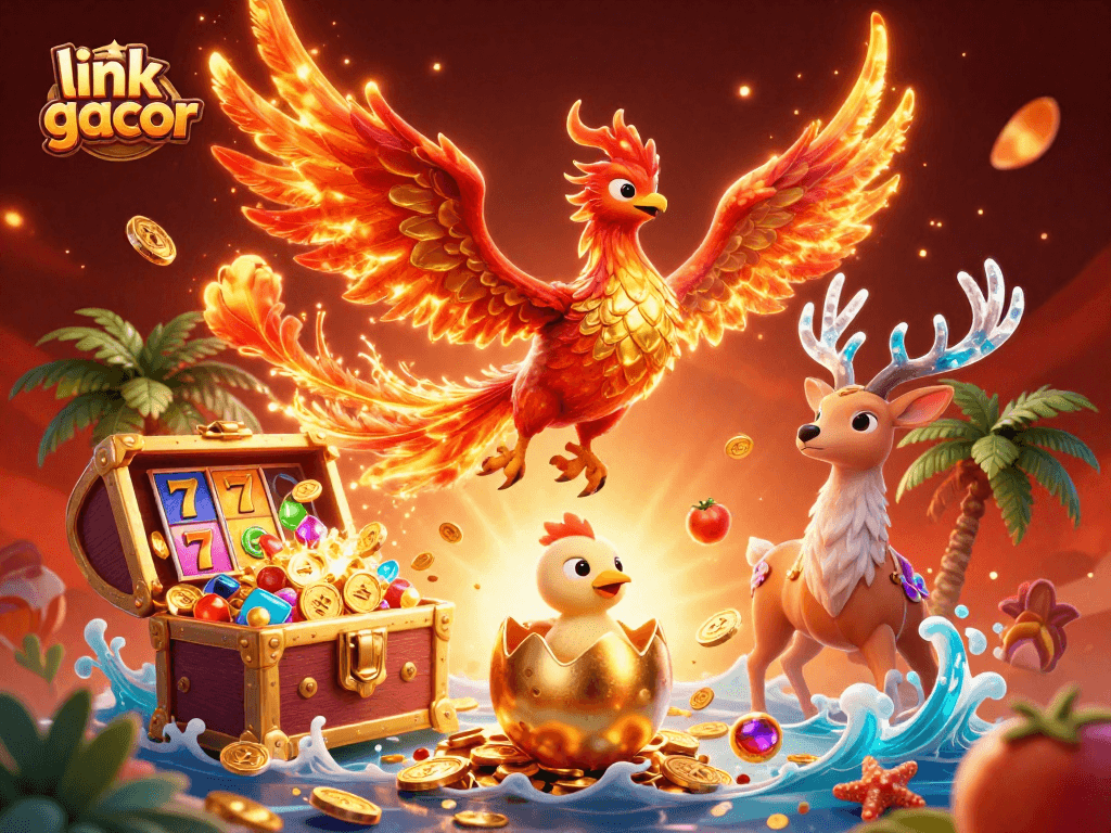 Engage with link gacor in this vibrant casino-themed 3D illustration featuring dynamic symbols and characters.