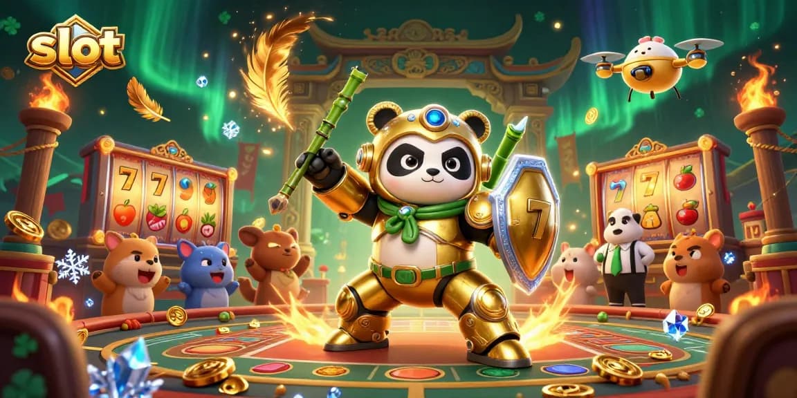 Merayakan permainan slot, panda emas dalam robot bambu beraksi di arena kasino.