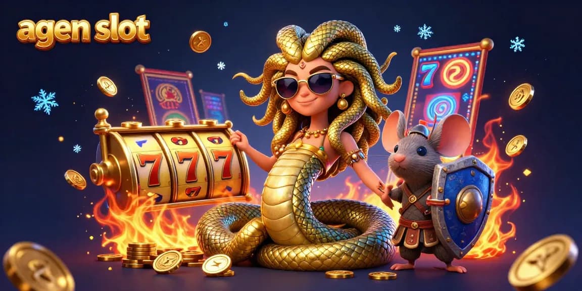 Menang besar di agen slot dengan karakter Medusa yang ramah dan suasana kasino yang meriah.