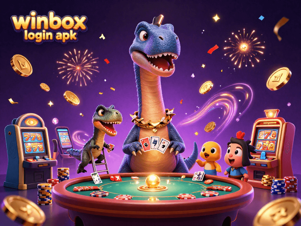 Join the excitement with winbox login apk illustrated by cartoon dinosaurs and vibrant casino themes.