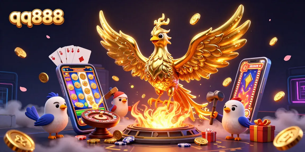 Engage in thrilling gaming experiences at qq888 with a vivid 3D illustration of casino elements and vibrant characters.