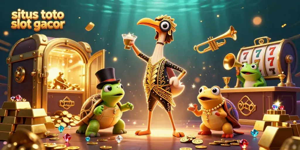 Aktivitas bermain situs toto slot gacor dengan ikon slot dan barang berharga yang bersinar di sekitar karakter kartun.