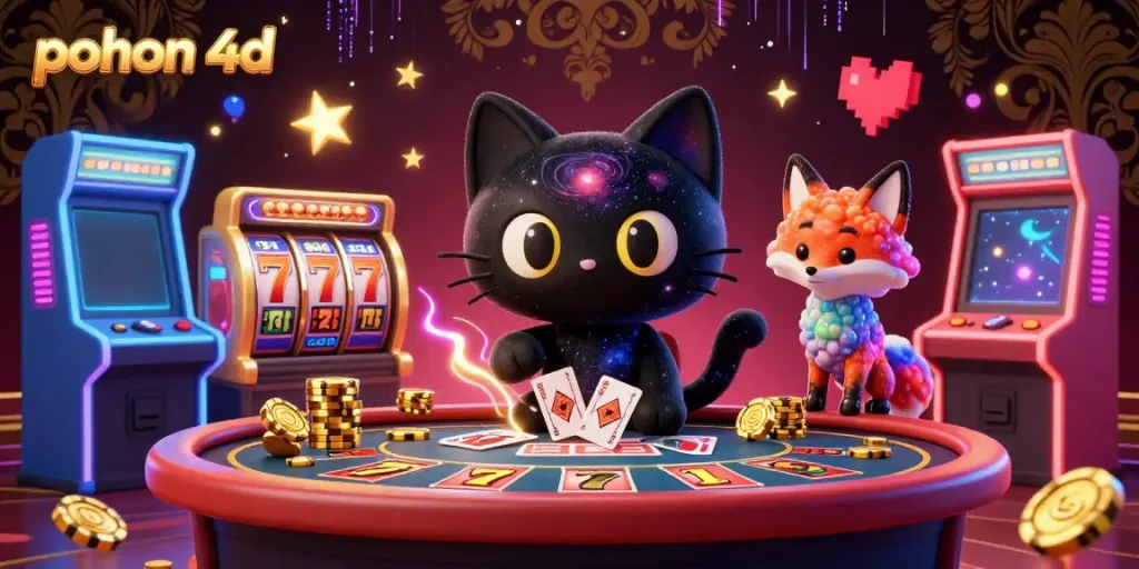 Experience the excitement of pohon 4d with a whimsical cosmic casino scene featuring a black hole cat and colorful elements.