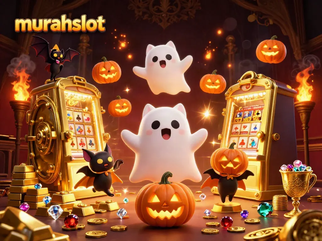 Engage with murahslot gaming in a vibrant haunted casino scene featuring playful characters and treasure.