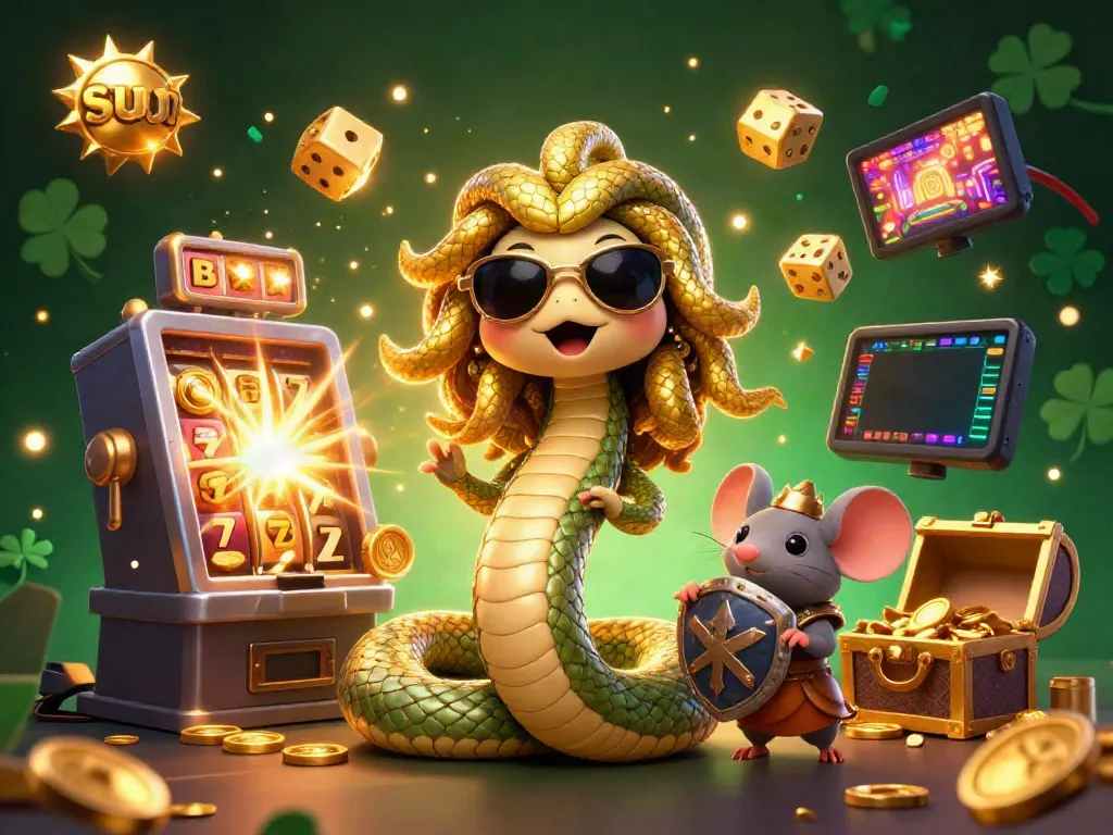 Sun-themed vibrant 3D illustration showcasing Medusa and a warrior mouse at a slot machine.