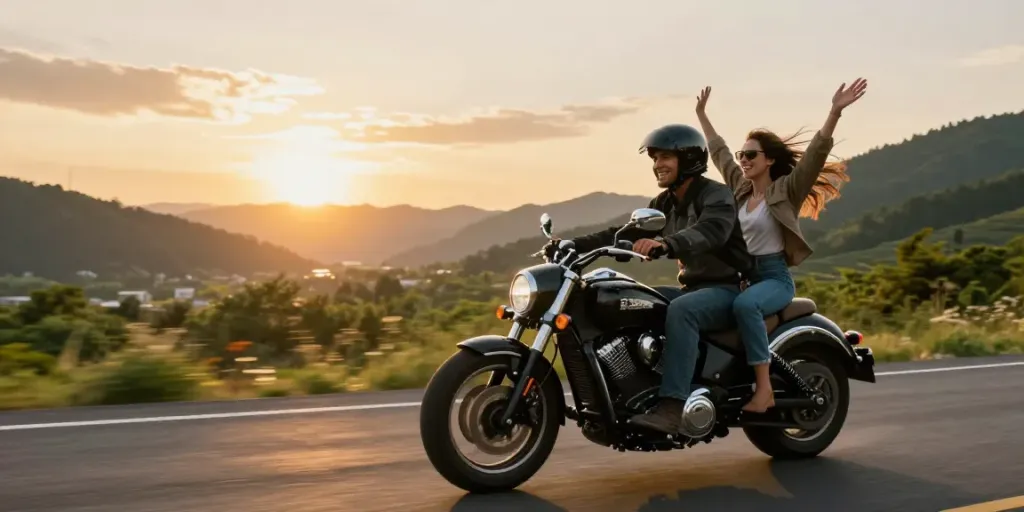 Couple enjoying an adventurous 2up India motorcycle ride on a scenic road.
