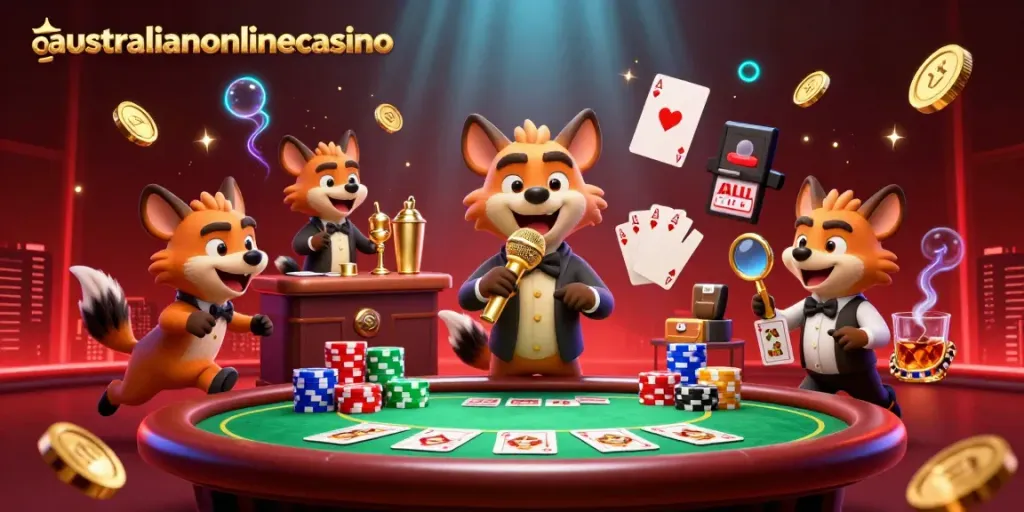Hyena casino characters entertaining at the australianonlinecasino comedy club with vibrant gaming elements.