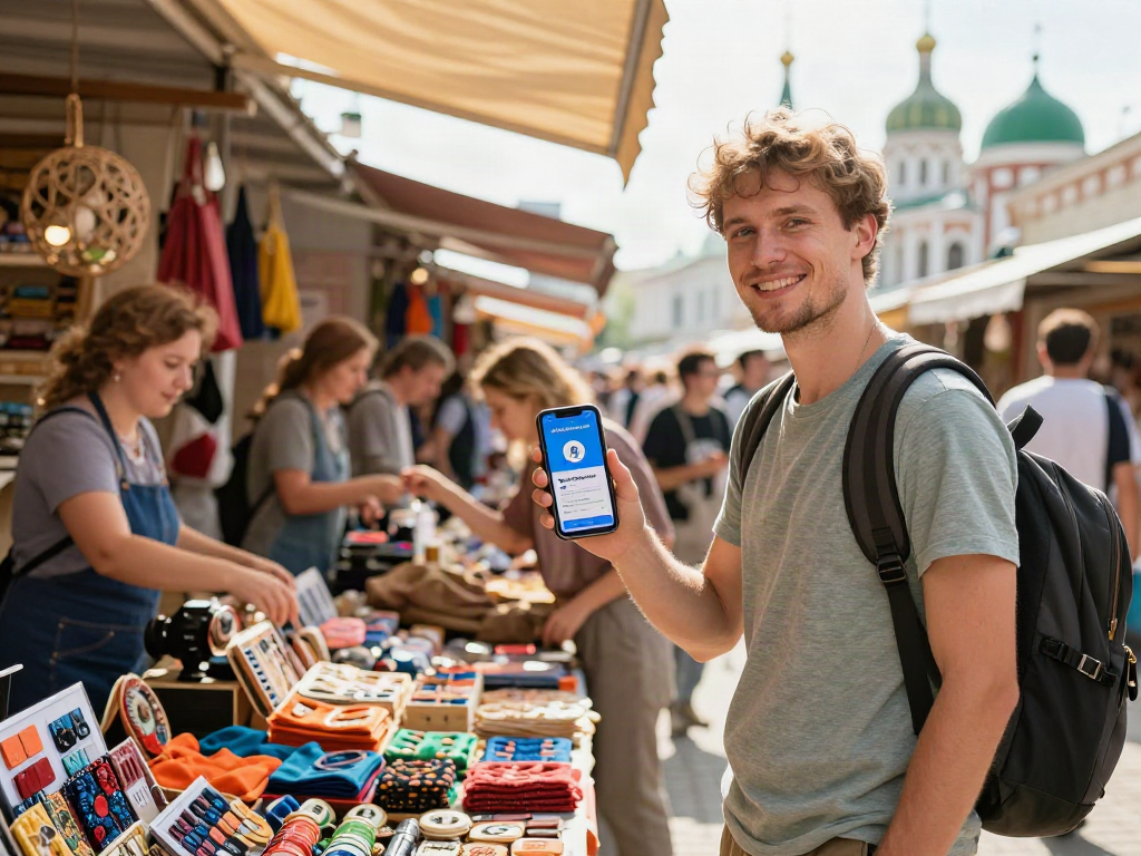 Pengunjung menggunakan https://payinrussia.com/ di pasar tradisional Rusia, dikelilingi oleh barang lokal yang berwarna-warni.