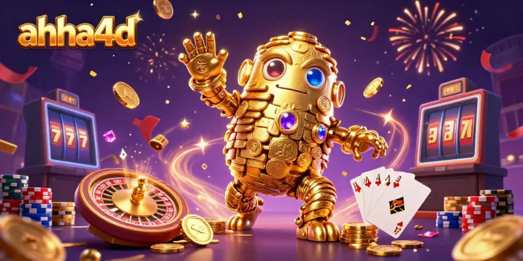 Aksi utama di ahha4d, golem emas berkilau dikelilingi koin dan permainan kasino memukau.