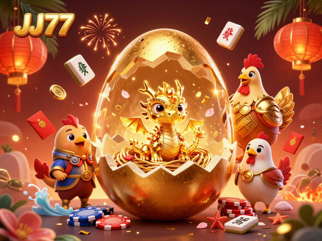 Experience excitement at JJ77 with a golden egg cracking open and a dragon revealing poker chips.