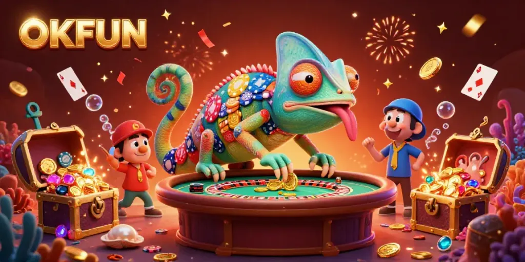 Engage with OKFUN's thrilling Casino experience featuring a vibrant chameleon owner and sparkling treasures.