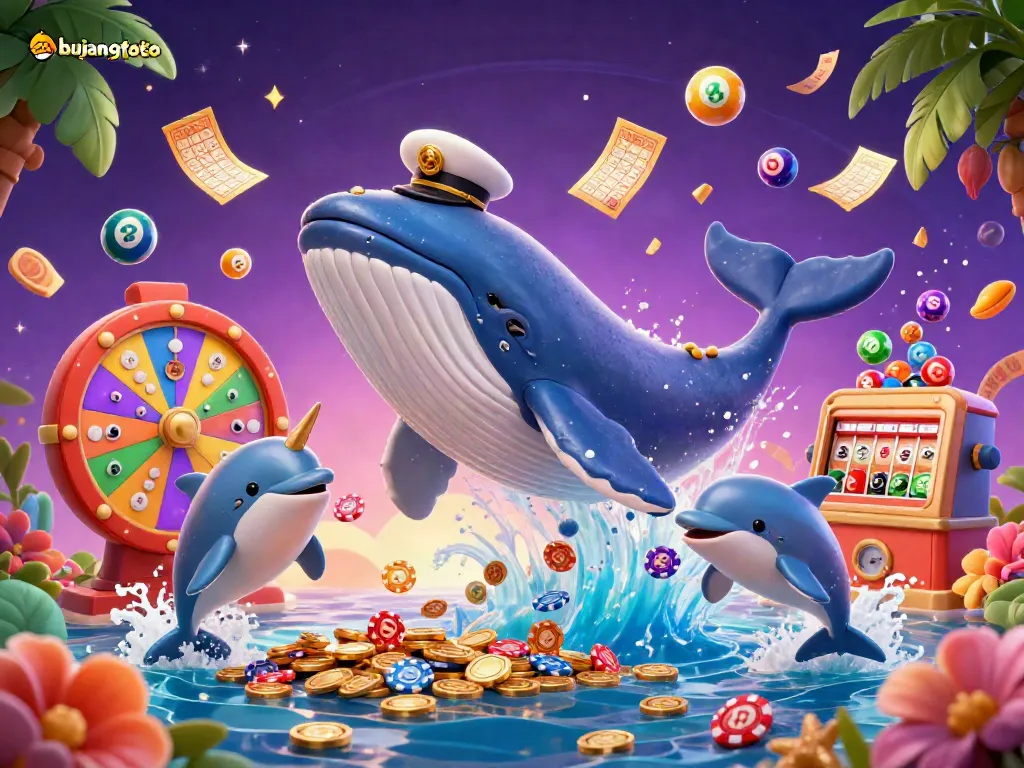 Experience the excitement of bujangtoto with a lively illustration featuring a whale, narwhal, and dolphins amidst colorful lottery elements.