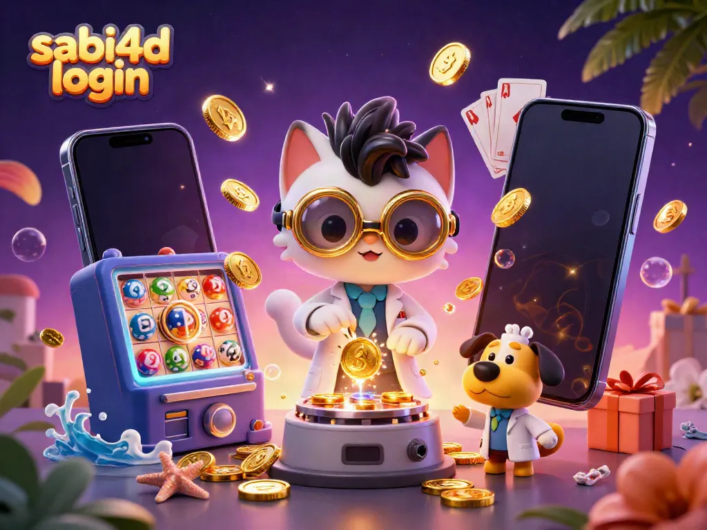 Mengakses sabi4d login dengan creator kucing ilmuwan dan anjing setia di latar penuh angka togel.