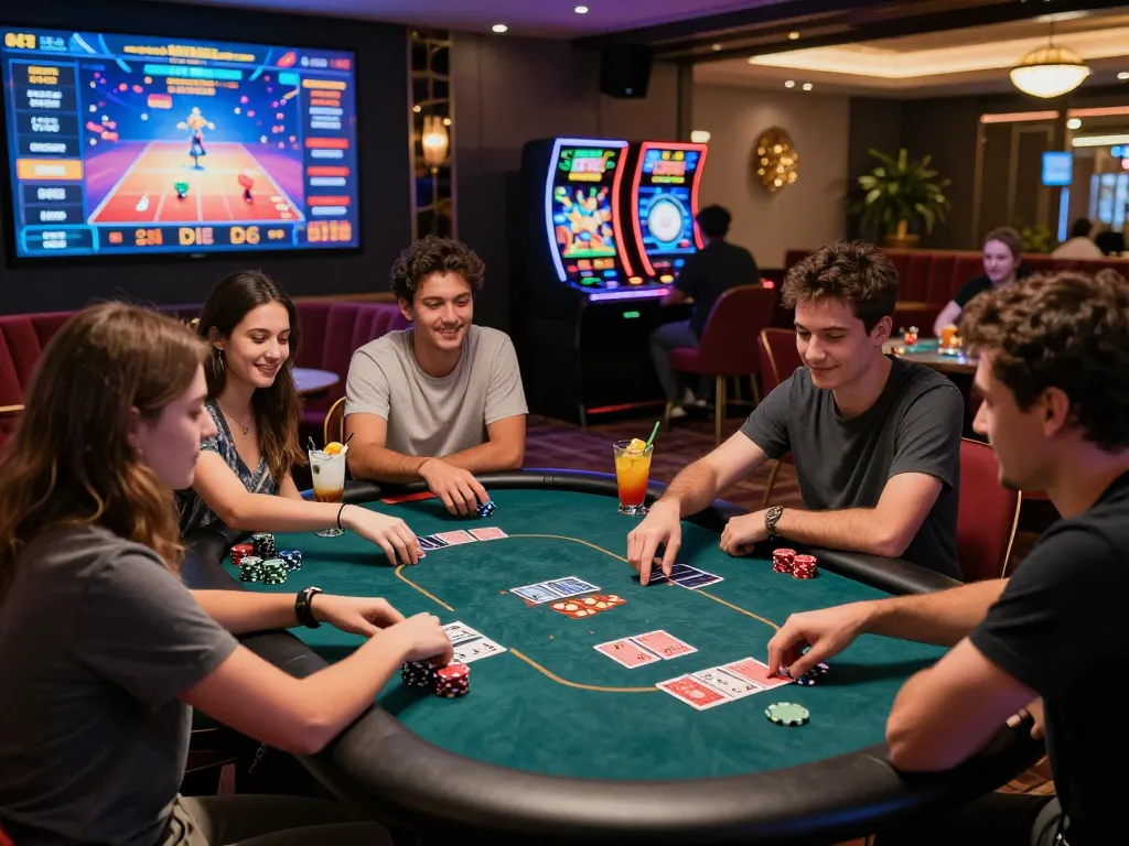 Friends enjoying an exciting game night at MM88 online casino, vibrant atmosphere with poker chips and cocktails.