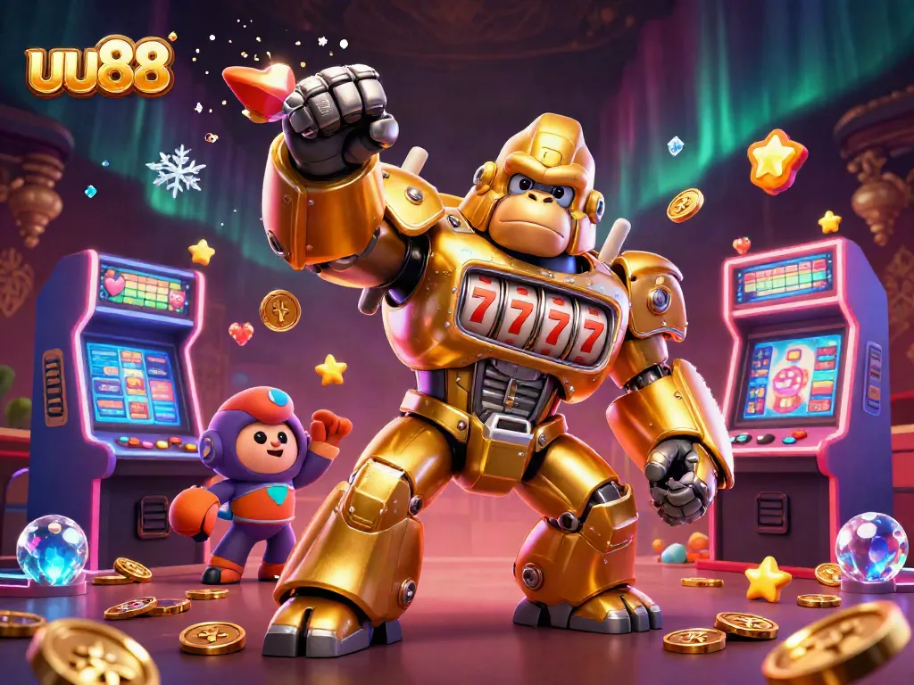 Engage with uu88's vibrant casino world featuring a golden gorilla mech and arcade elements.