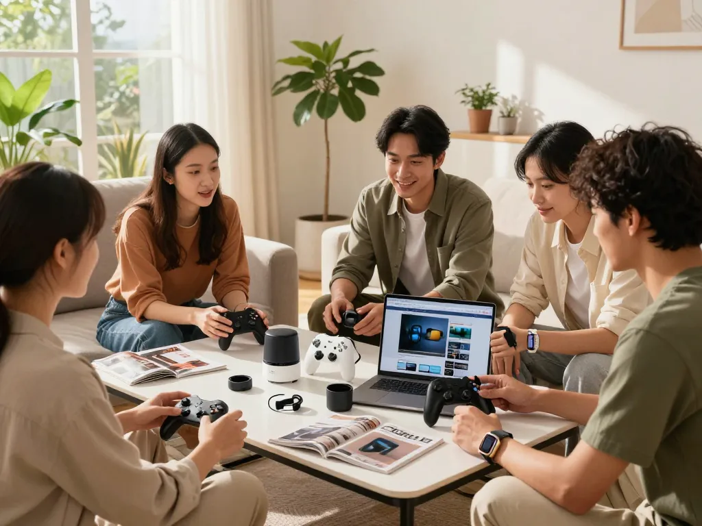 Group enjoying and discussing trending tech gadgets in a bright modern living room.