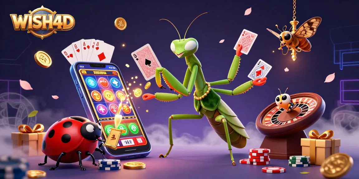 Experience thrilling moments at WISH4D with a giant praying mantis card sharp and whimsical casino elements!