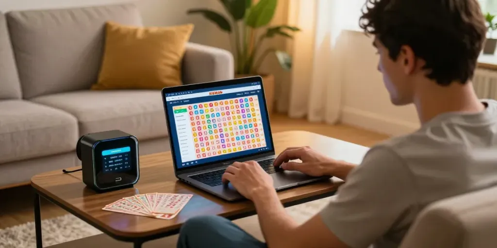 Engaged player exploring AHHA4D online lottery on laptop in a cozy home setting.