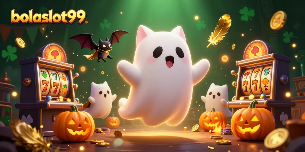Experience the adventure of bolaslot99 with a friendly ghost cat and glowing jack-o-lanterns in a haunted casino.