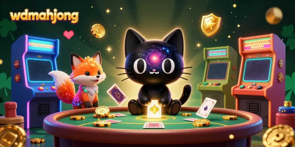 Engage with wdmahjong at a cosmic casino featuring vibrant characters and gaming elements.