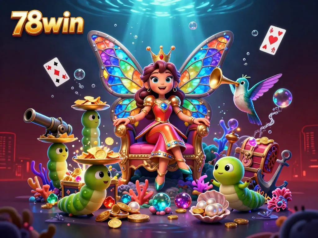 Experience the excitement of 78win with a vibrant, ultra-detailed casino-themed 3D scene featuring playful characters and treasure elements.
