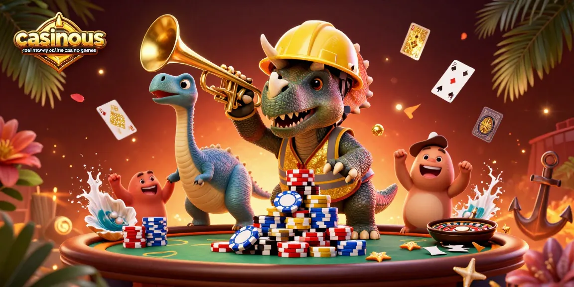 Engage with casinous real money online casino games featuring a 3D triceratops building poker chip towers.