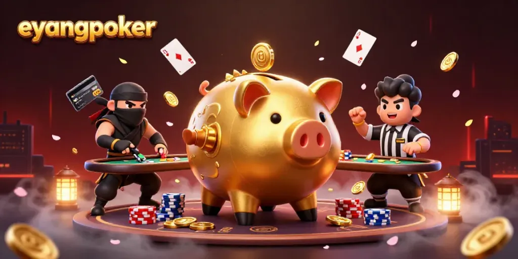 Gambarkan keseruan eyangpoker dengan karakter unik, termasuk celengan sumo, ninja dompet, dan wasit kartu dalam ilustrasi menarik.