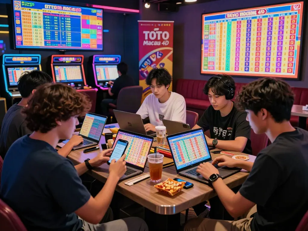 Aktivitas permainan Toto Macau 4D di lounge modern, dengan pemain memeriksa hasil terbaru.
