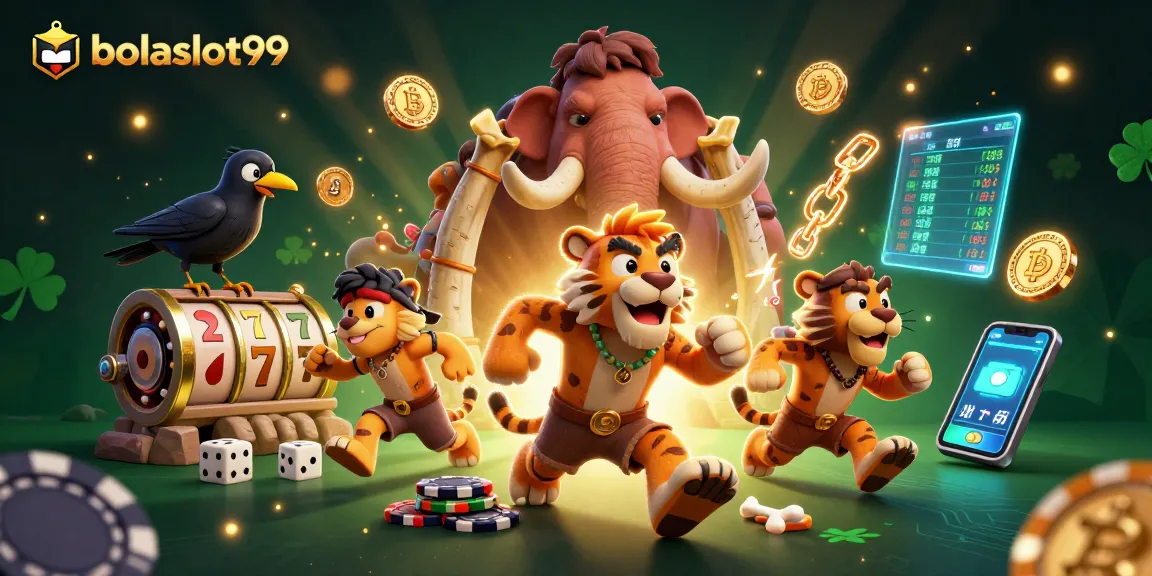 Engage with bolaslot99 at the vibrant prehistoric casino featuring animated characters and slot elements.