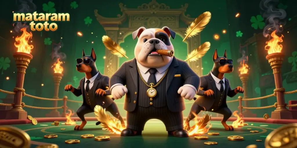 Engage in thrilling gameplay at Mataram Toto, featuring a cartoon bulldog mafia boss and bodyguard Dobermans.