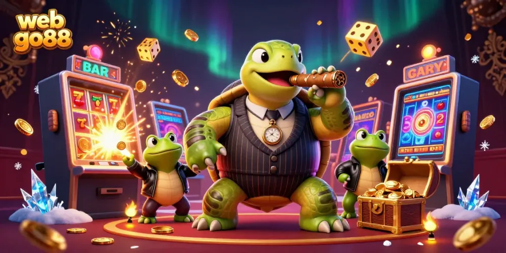 Experience excitement at web go88 with a vivid 3D casino illustration showcasing a snapping turtle and bullfrog enforcers surrounded by slot machines and treasures.
