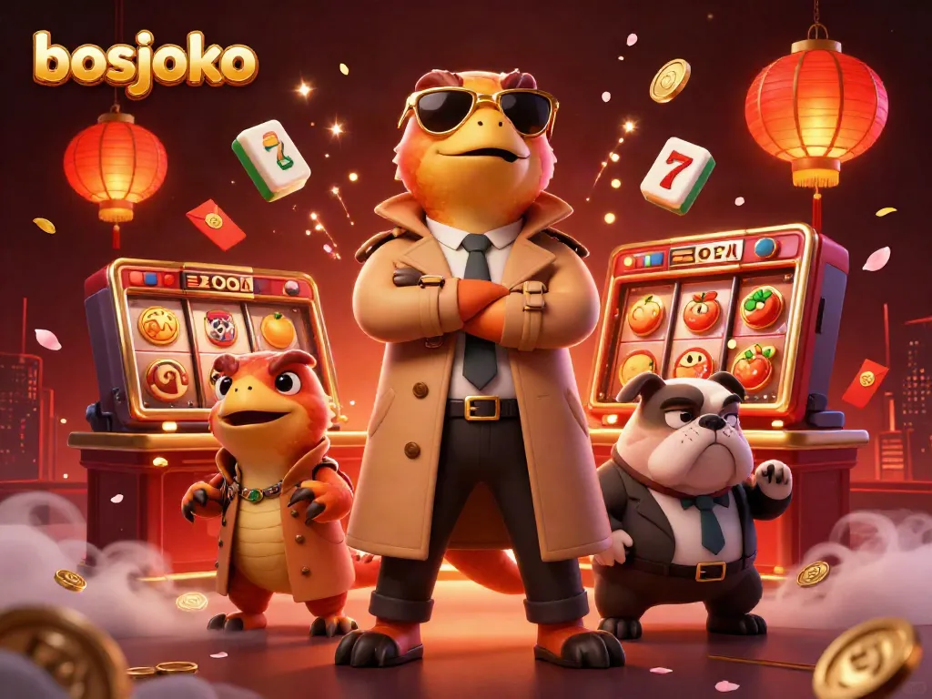 Raptors in a trench coat attempting entry into a VIP casino lounge at bosjoko with slot reels and festive elements.