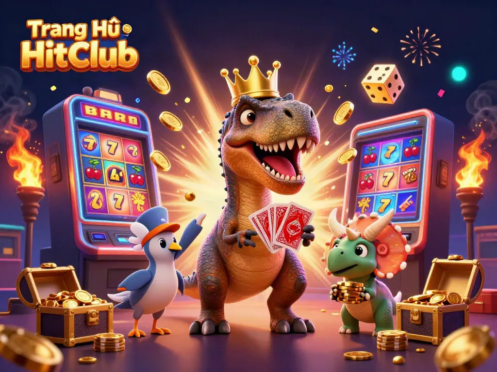 Engage in thrilling gaming at Trang Chủ HitClub with a T-Rex shuffling cards and colorful casino visuals.