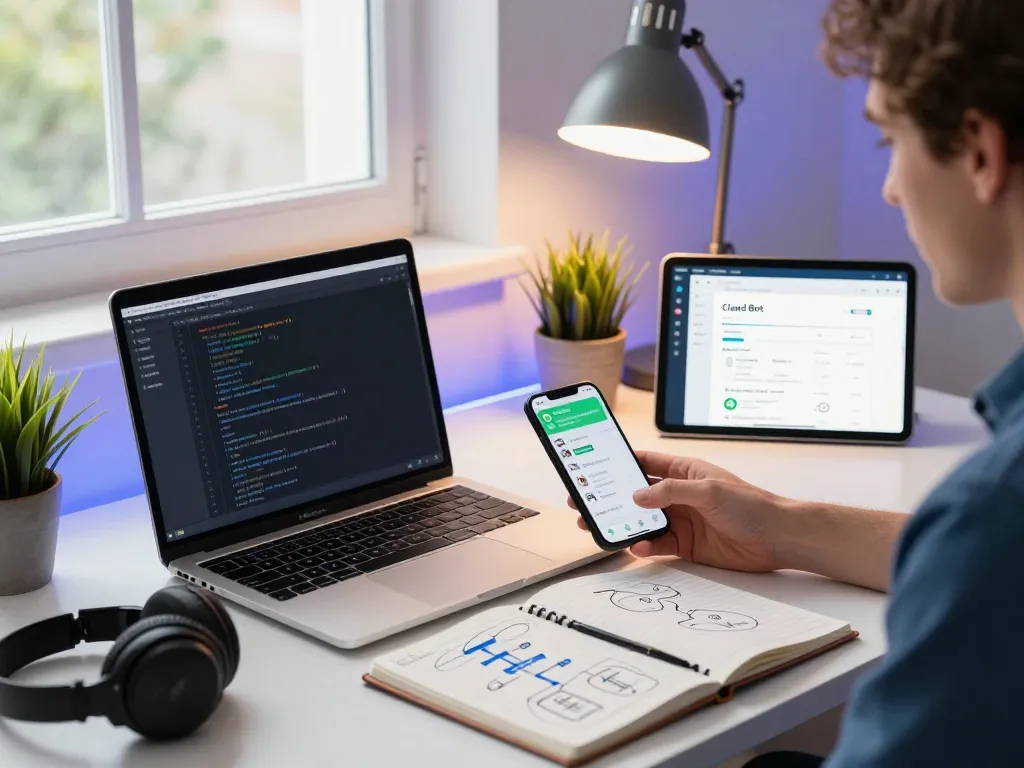 User engaging with Clawd Bot on devices, showcasing modern workspace productivity.
