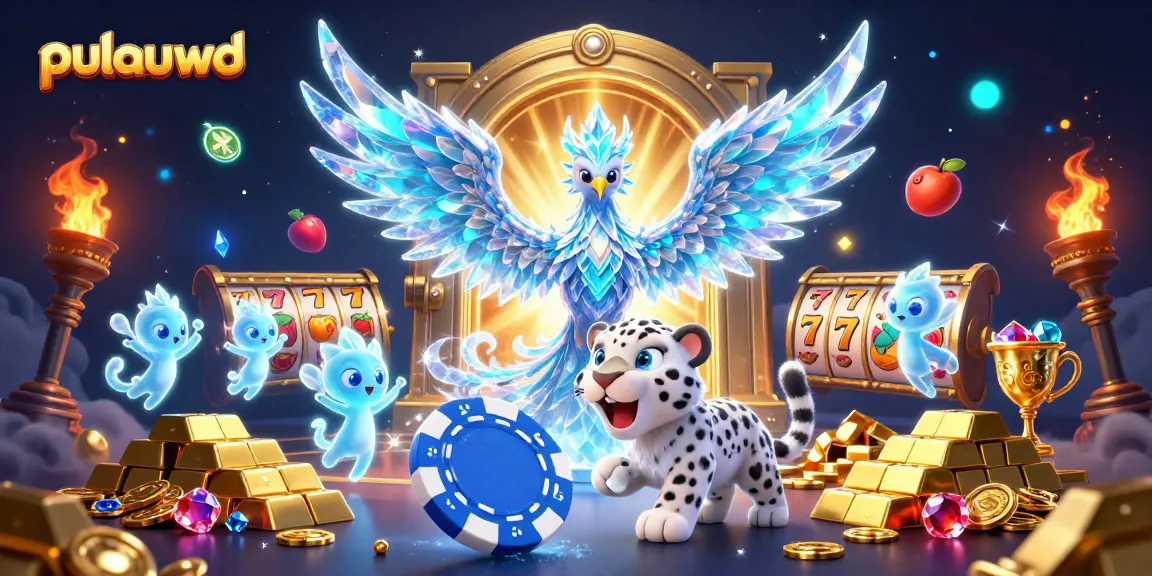 Engage with pulauwd's vibrant casino scene featuring an ice phoenix and playful snow leopard.