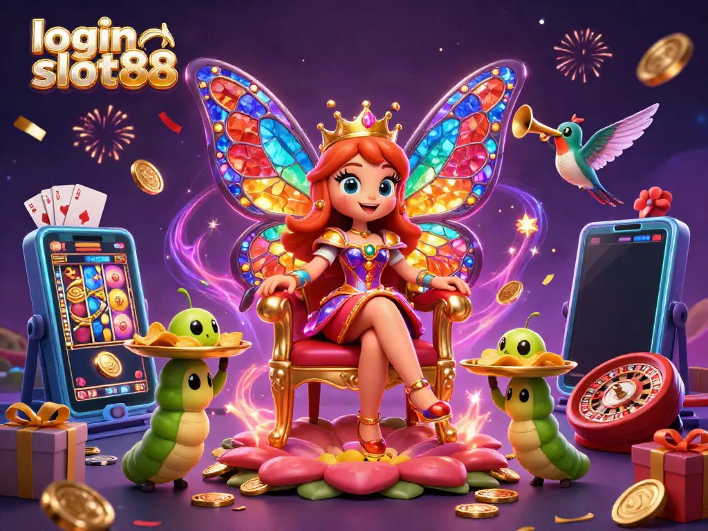 Experience the excitement of login slot88 with a vibrant 3D illustration featuring a butterfly queen and dynamic gaming elements.