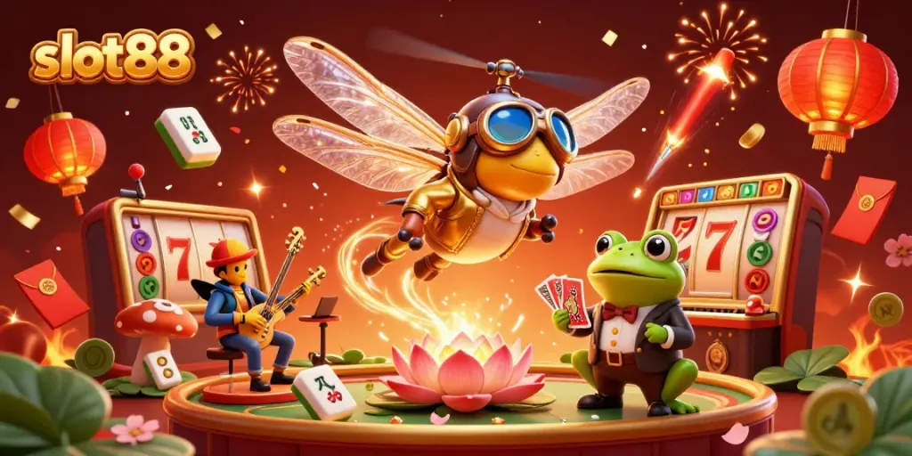 Explore exciting slot88 casino games with vibrant characters and dynamic visuals in this illustration.