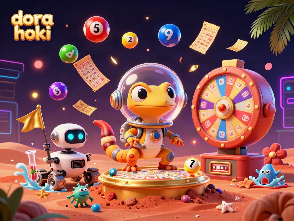 Dora hoki hadir dalam ilustrasi kasino 3D penuh warna dengan elemen permainan yang menarik dan semangat kemenangan.